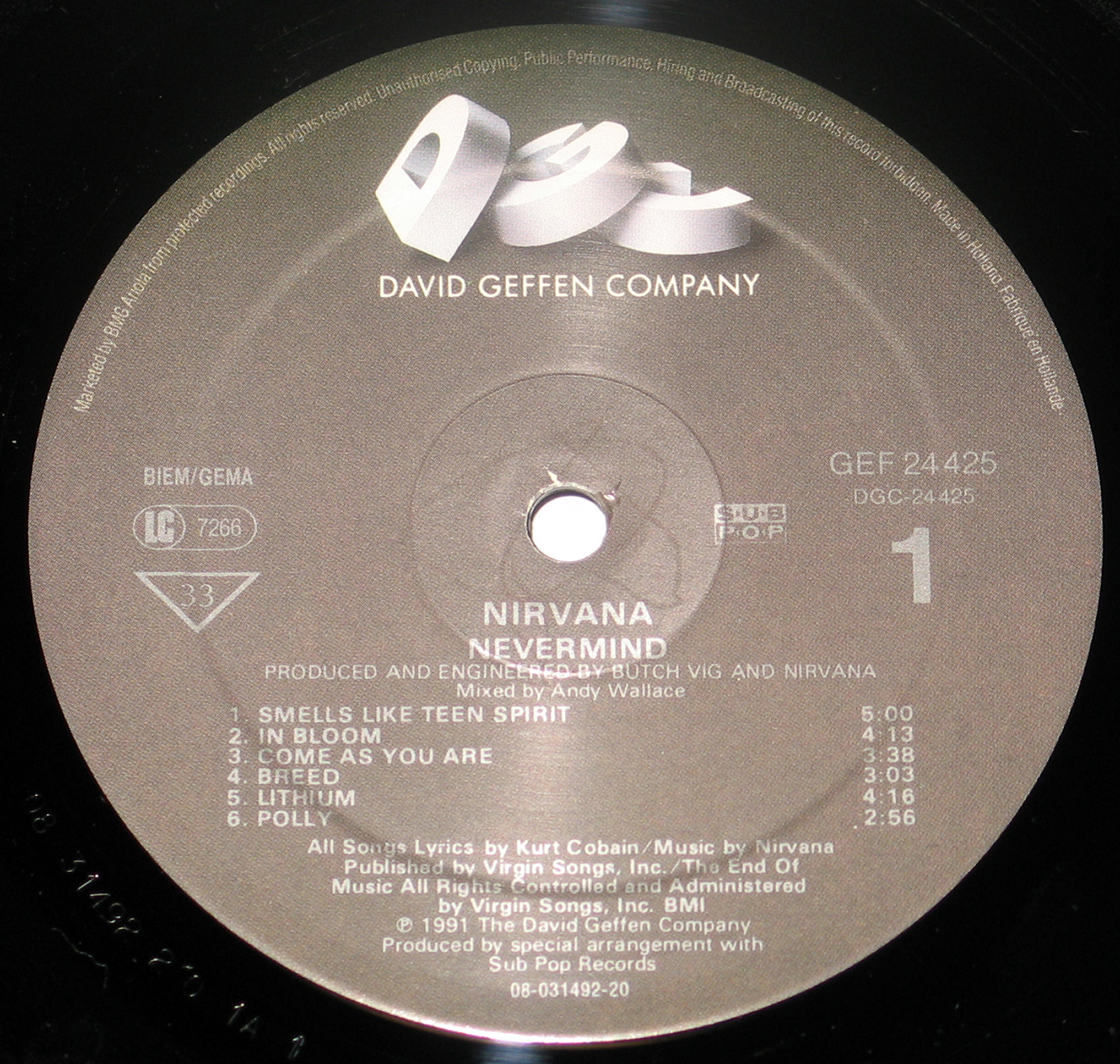 NIRVANA Nevermind 12" LP Vinyl Gramophone Record